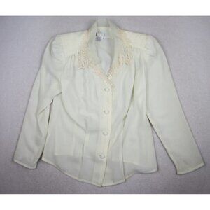 VINTAGE WOMEN'S SHEER IVORY LONG SLEEVE BLOUSE LACE TRIM  - SIZE 6P